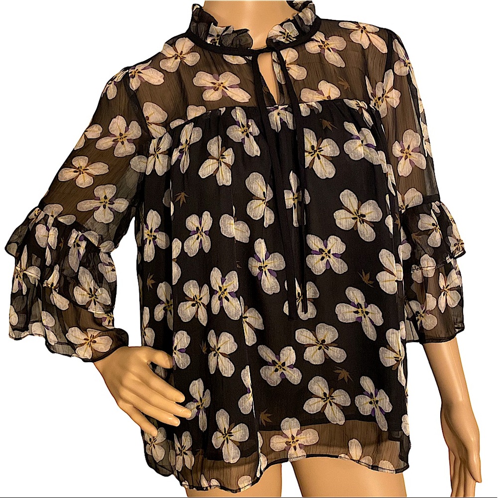 GLAM LOS ANGELES  | SHEER FLORAL BOHO RUFFLE SLEEVE BLOUSE